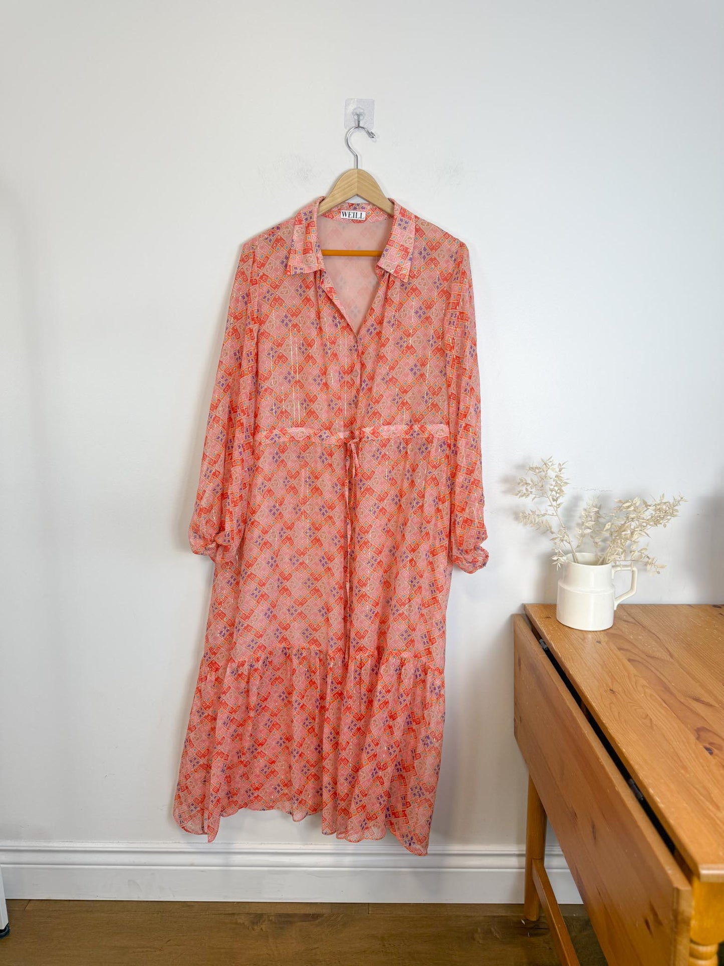WEILL Silk Long Sleeve Maxi Dress in Pink/Gold (Size L-2XL)