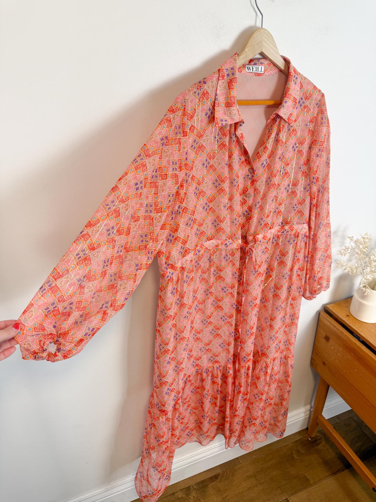 WEILL Silk Long Sleeve Maxi Dress in Pink/Gold (Size L-2XL)