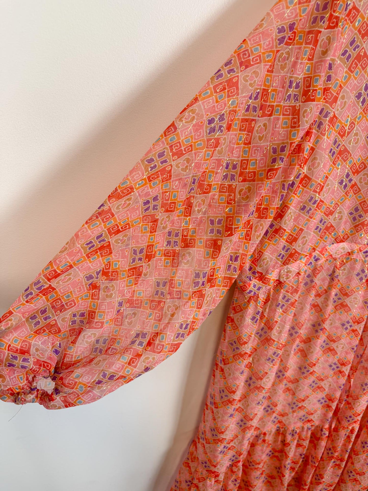 WEILL Silk Long Sleeve Maxi Dress in Pink/Gold (Size L-2XL)