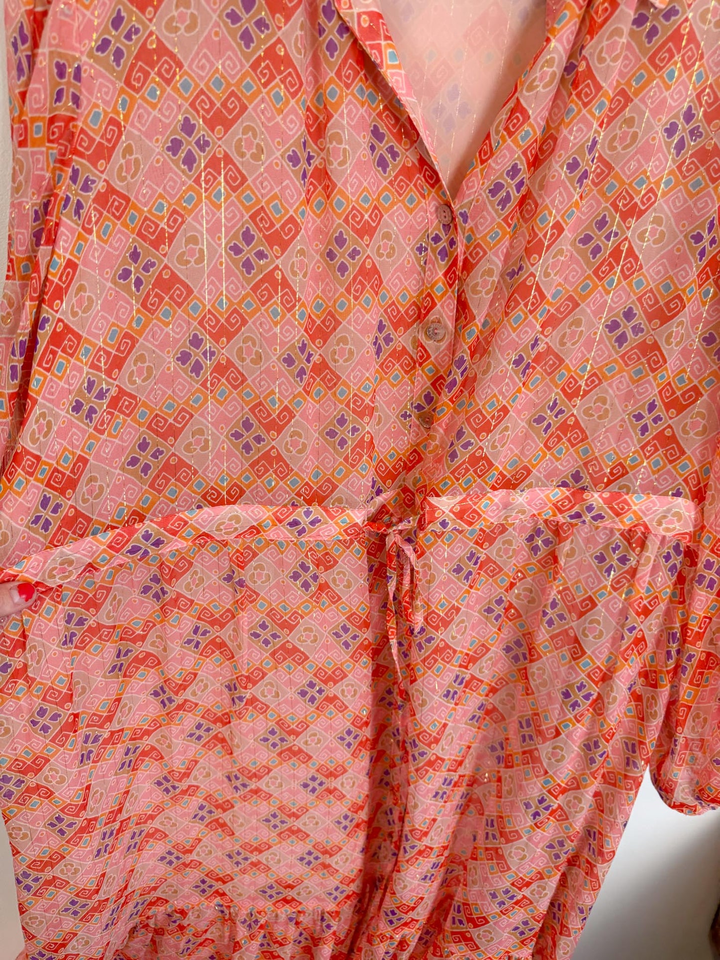 WEILL Silk Long Sleeve Maxi Dress in Pink/Gold (Size L-2XL)