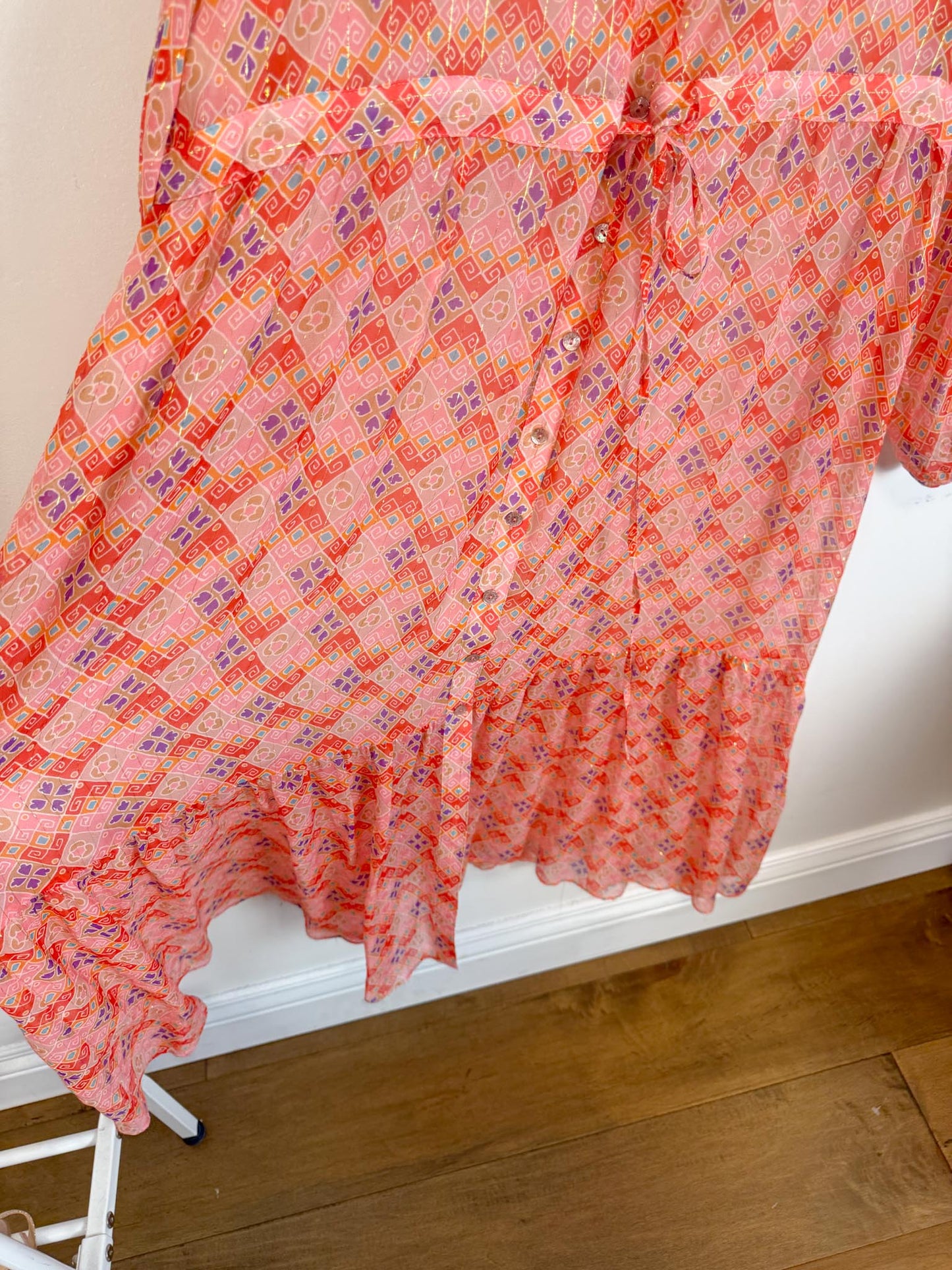 WEILL Silk Long Sleeve Maxi Dress in Pink/Gold (Size L-2XL)