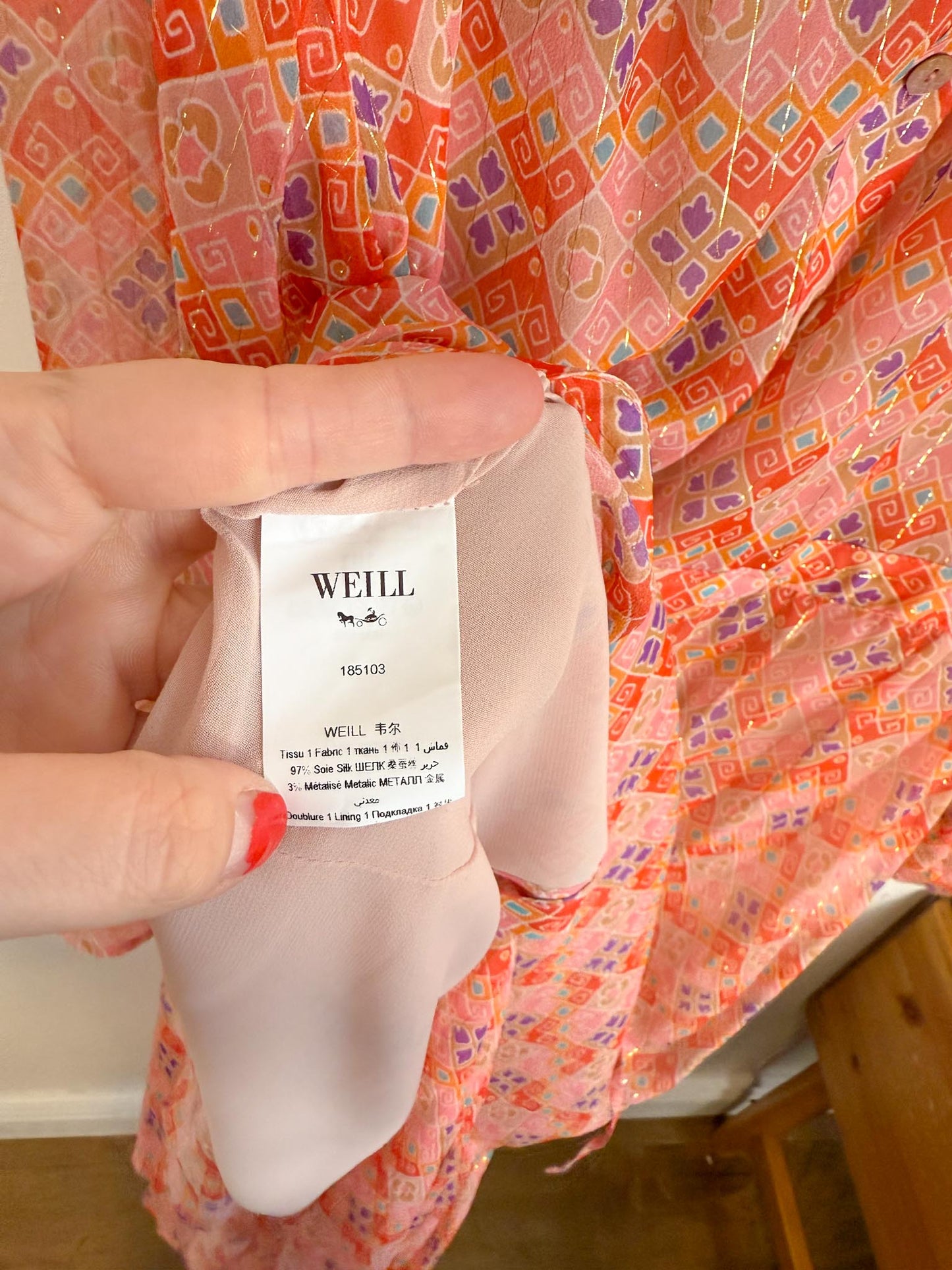 WEILL Silk Long Sleeve Maxi Dress in Pink/Gold (Size L-2XL)