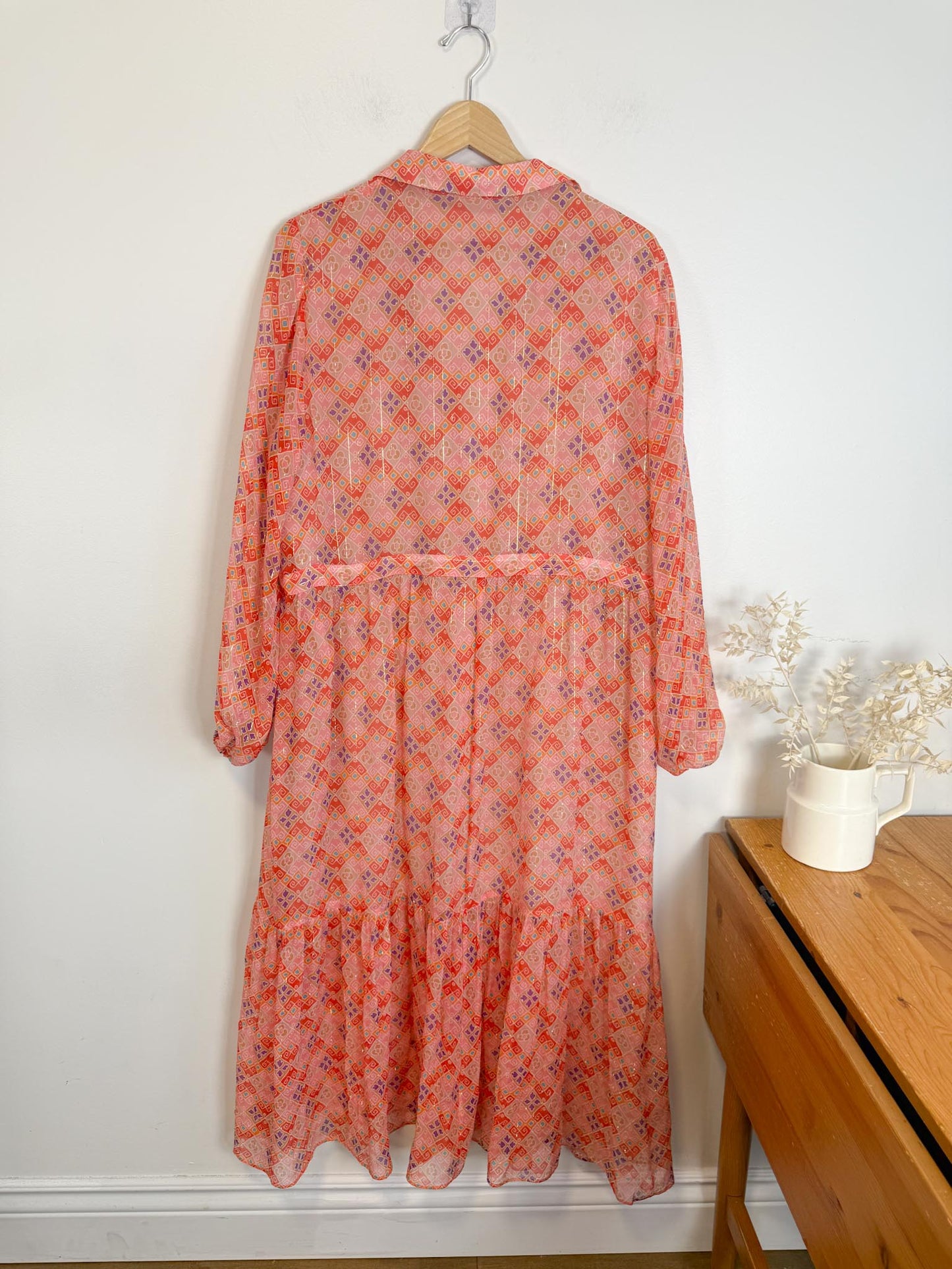 WEILL Silk Long Sleeve Maxi Dress in Pink/Gold (Size L-2XL)
