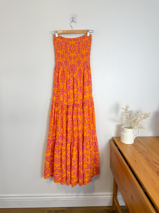 Anthropologie Abel the Label Strapless Smocked Maxi Dress in Pink/Orange Floral (Size M/L)