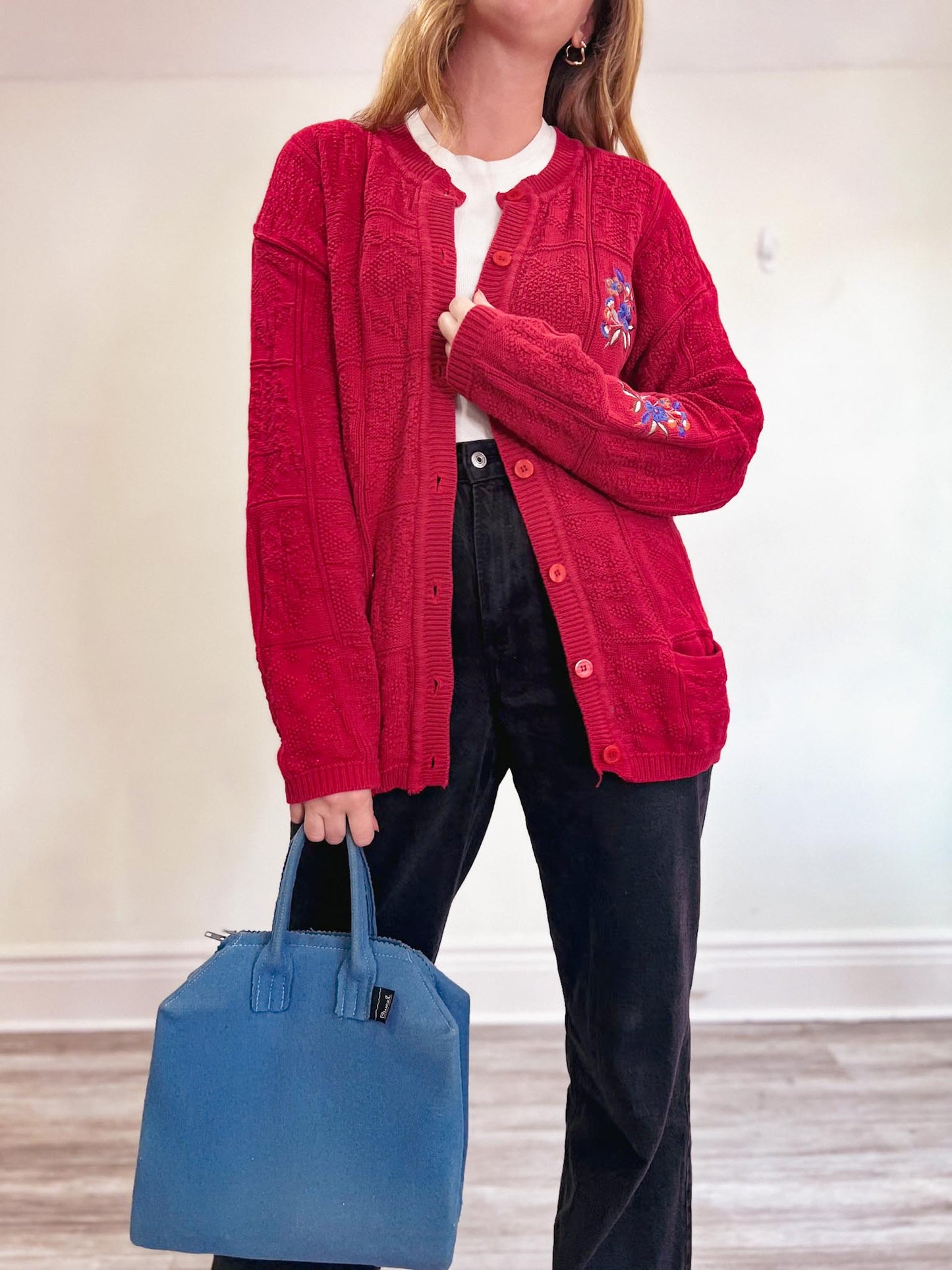 Vintage Red Cable Knit Cardigan with Embroidery (Size XL)