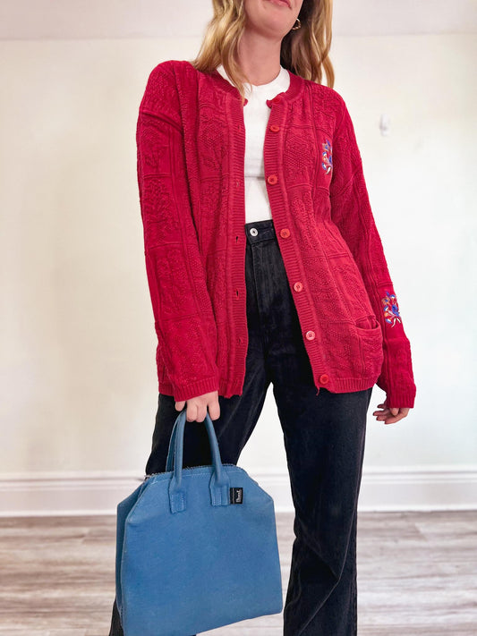 Vintage Red Cable Knit Cardigan with Embroidery (Size XL)