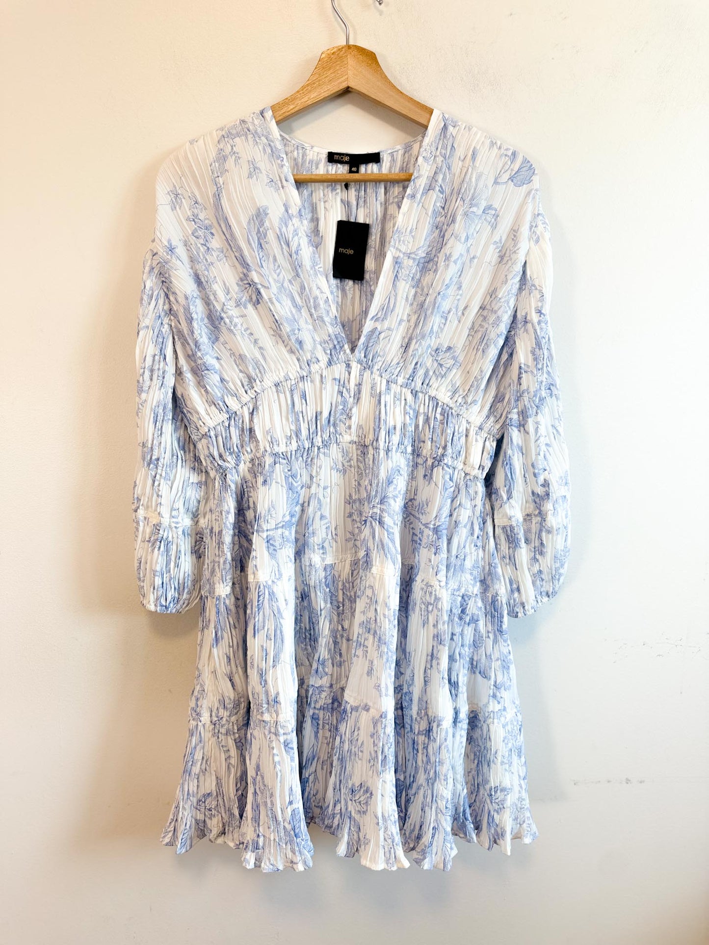 MAJE "Patterned Pleated Dress in Blue/White" NWT (Size M/L)