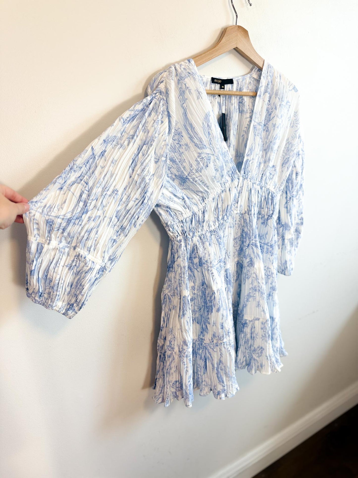 MAJE "Patterned Pleated Dress in Blue/White" NWT (Size M/L)