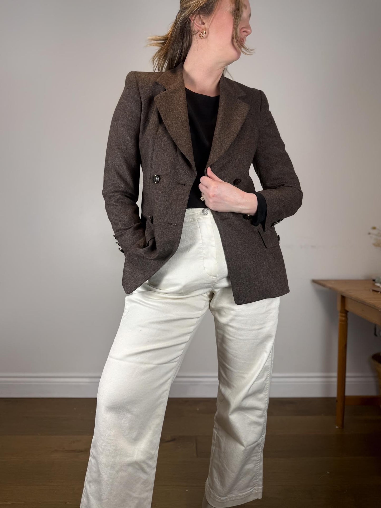 Vintage 90s Louis Feraud Wool Pant Suit in Brown (Size 6)