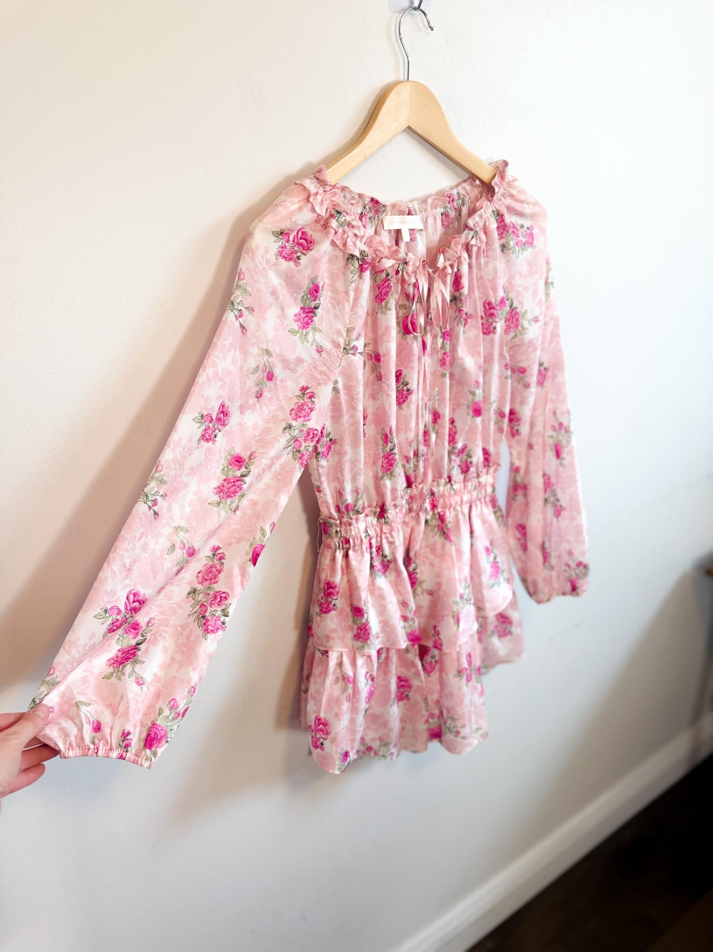 LoveShackFancy "Popover Silk Mini Dress in Pink Floral" (Size XS/S)