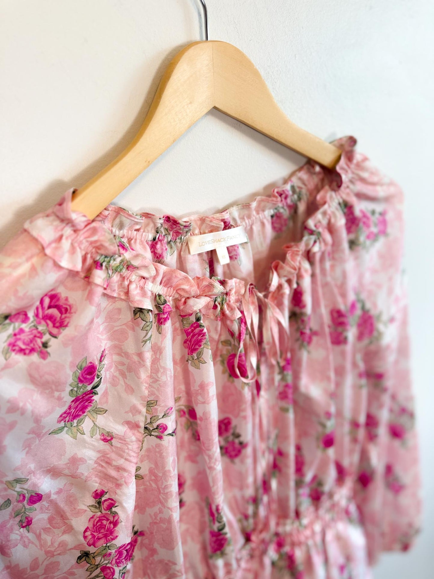 LoveShackFancy "Popover Silk Mini Dress in Pink Floral" (Size XS/S)