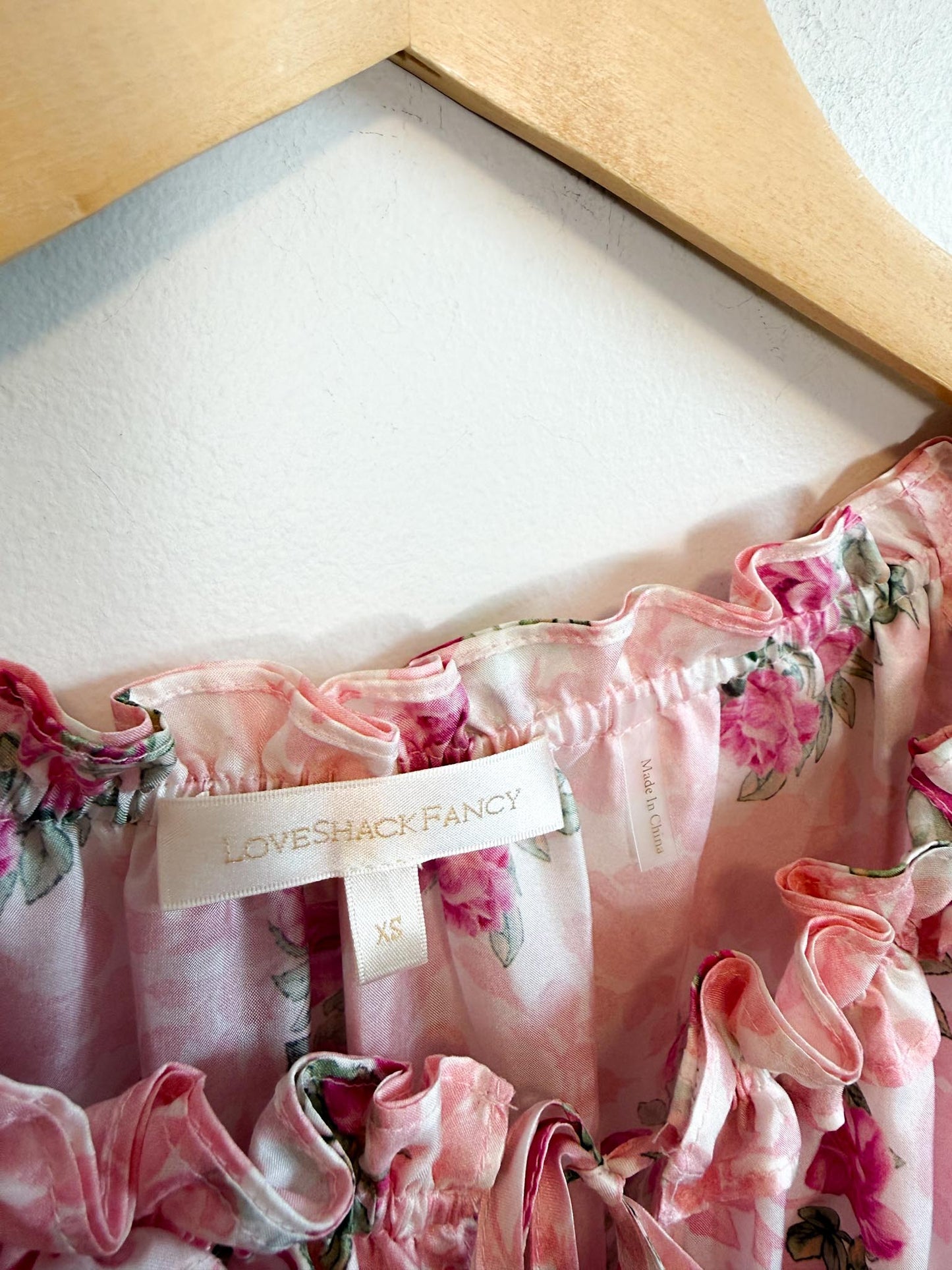 LoveShackFancy "Popover Silk Mini Dress in Pink Floral" (Size XS/S)