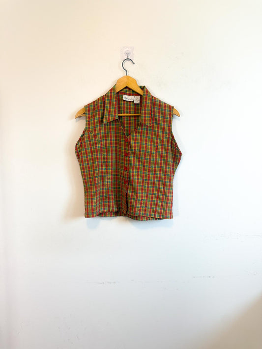 Vintage Plaid Sleeveless Blouse (Size M)
