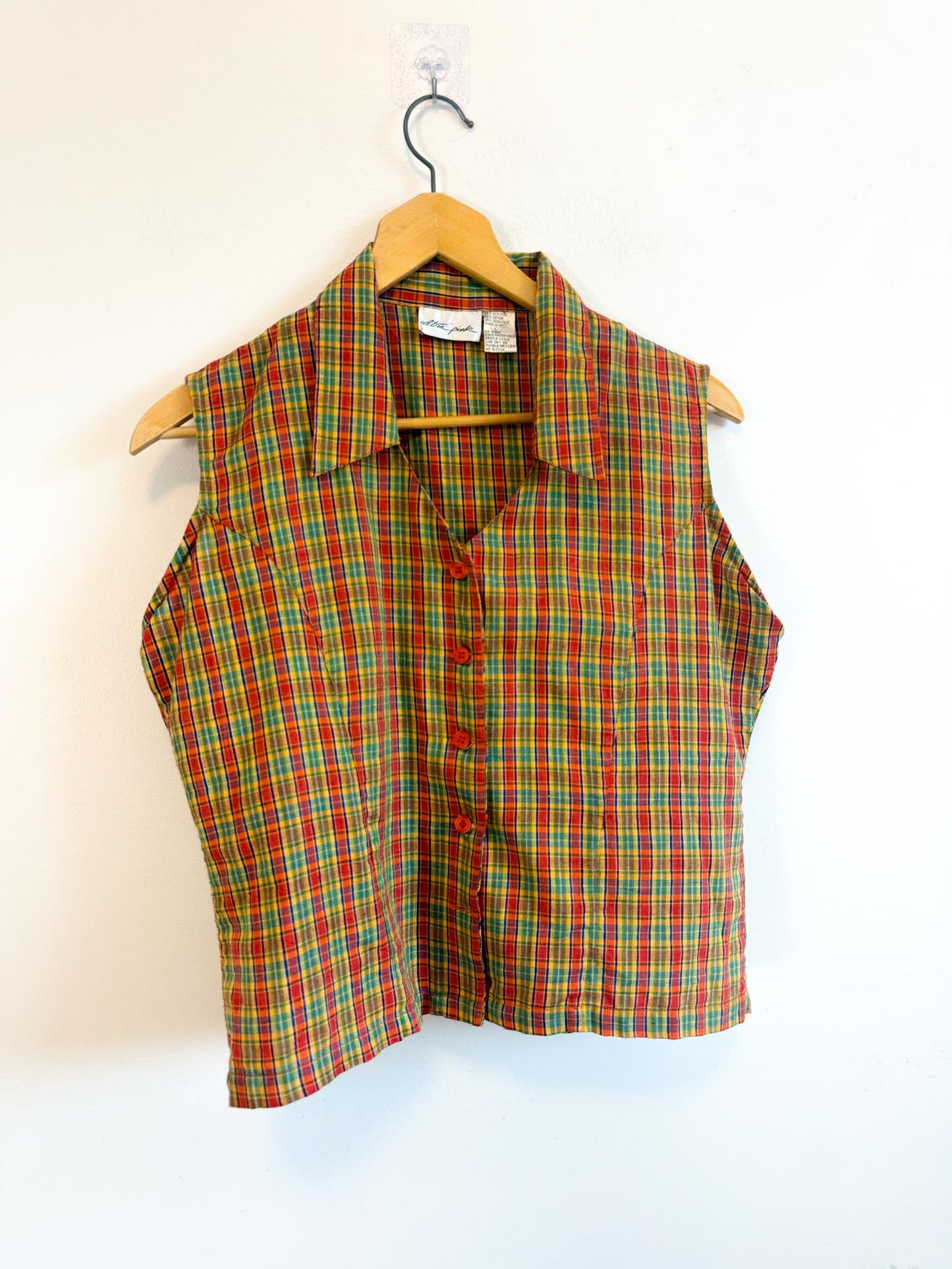 Vintage Plaid Sleeveless Blouse (Size M)