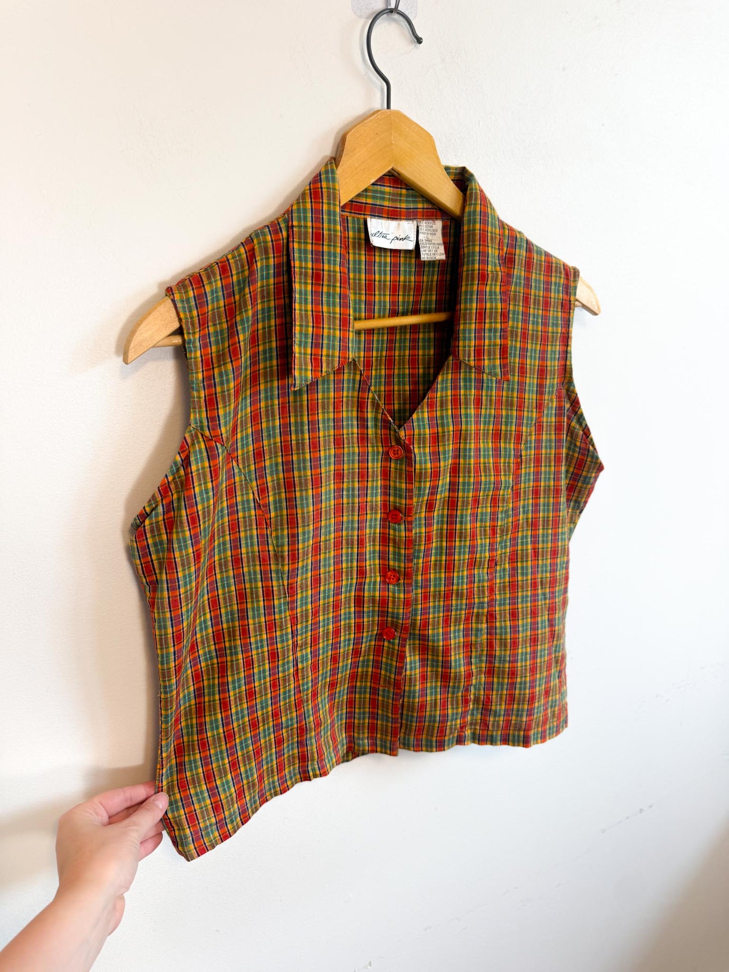 Vintage Plaid Sleeveless Blouse (Size M)