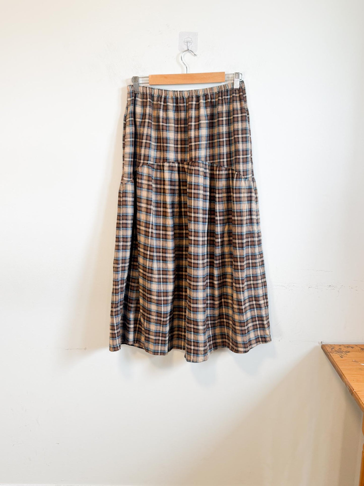 A Bronze Age Sustainable "Field Skirt in Brown/Blue Plaid" (Size M)