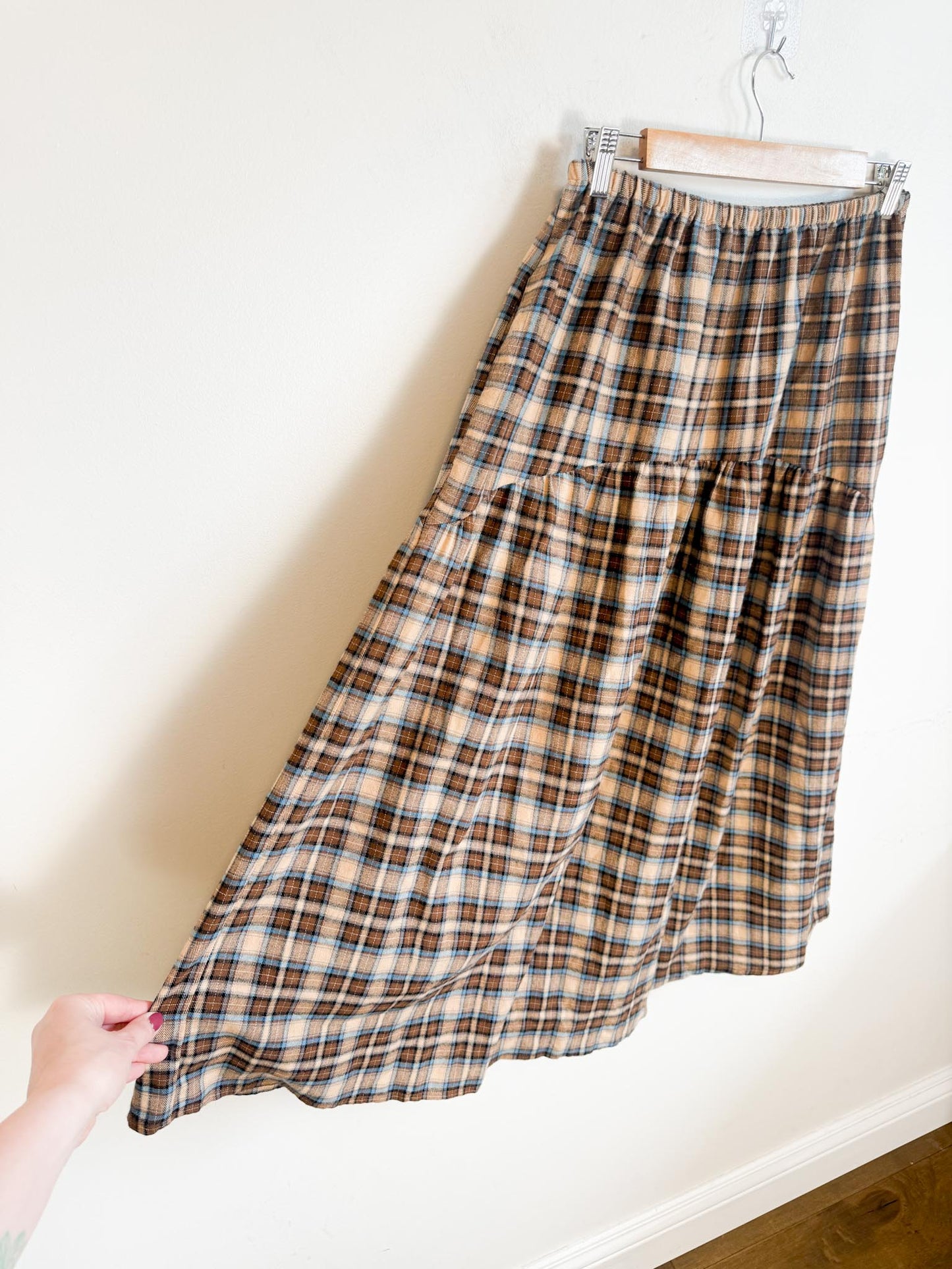 A Bronze Age Sustainable "Field Skirt in Brown/Blue Plaid" (Size M)