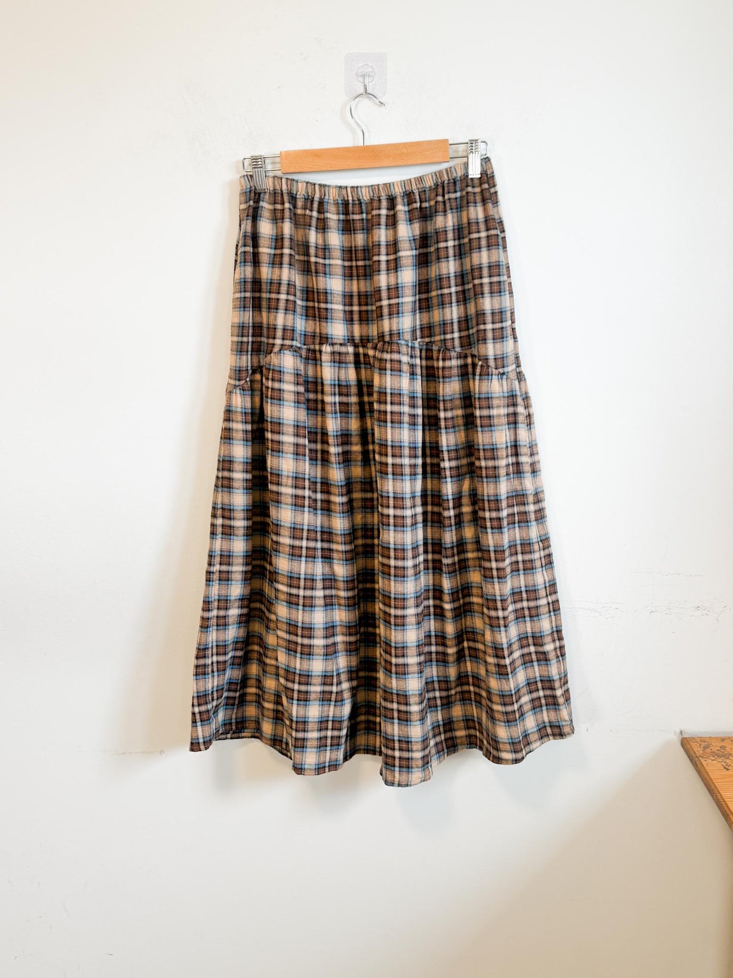 A Bronze Age Sustainable "Field Skirt in Brown/Blue Plaid" (Size M)