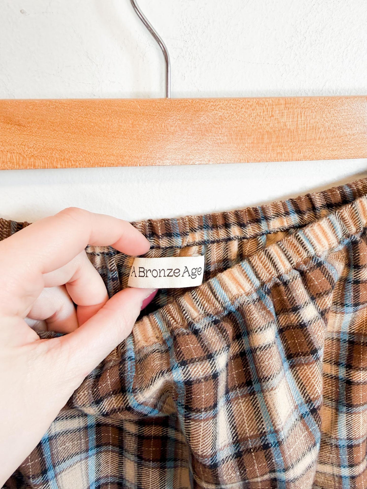 A Bronze Age Sustainable "Field Skirt in Brown/Blue Plaid" (Size M)