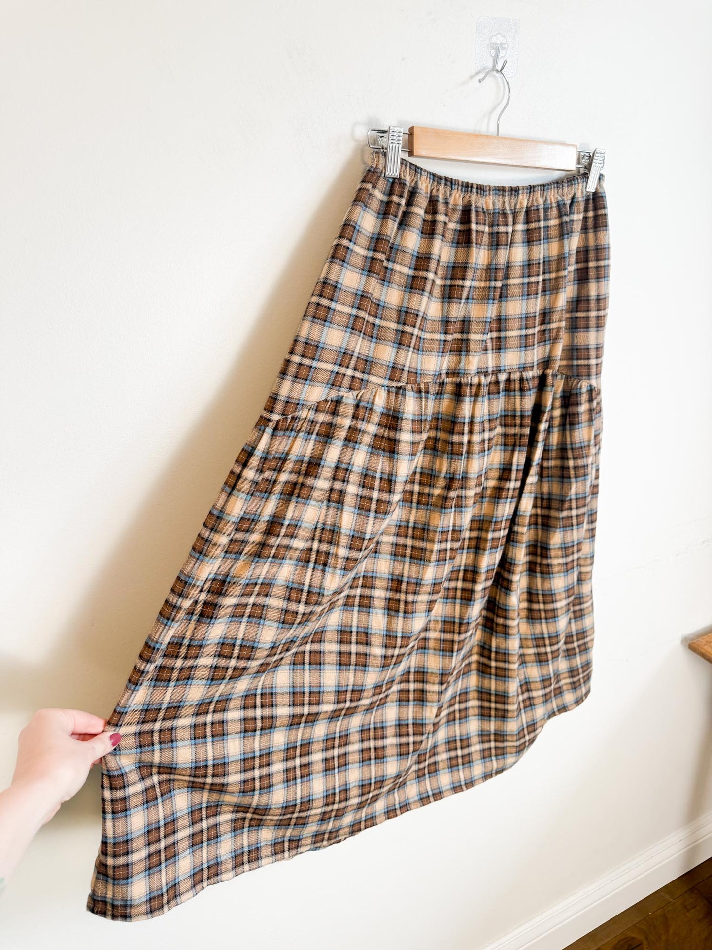 A Bronze Age Sustainable "Field Skirt in Brown/Blue Plaid" (Size M)
