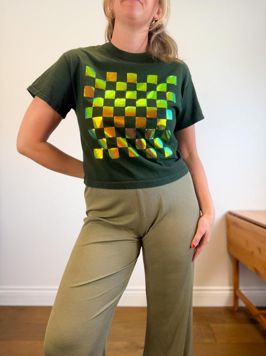 OKAYOK Slow Fashion Checkered Boxy T-Shirt in Green (Size S)