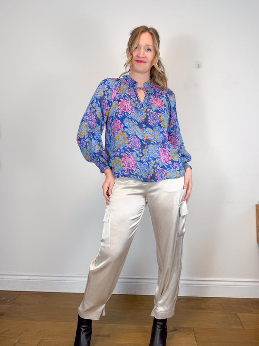 SUNCOO Paris "Linda Floral Printed Blouse in Blue" (Size S/M)