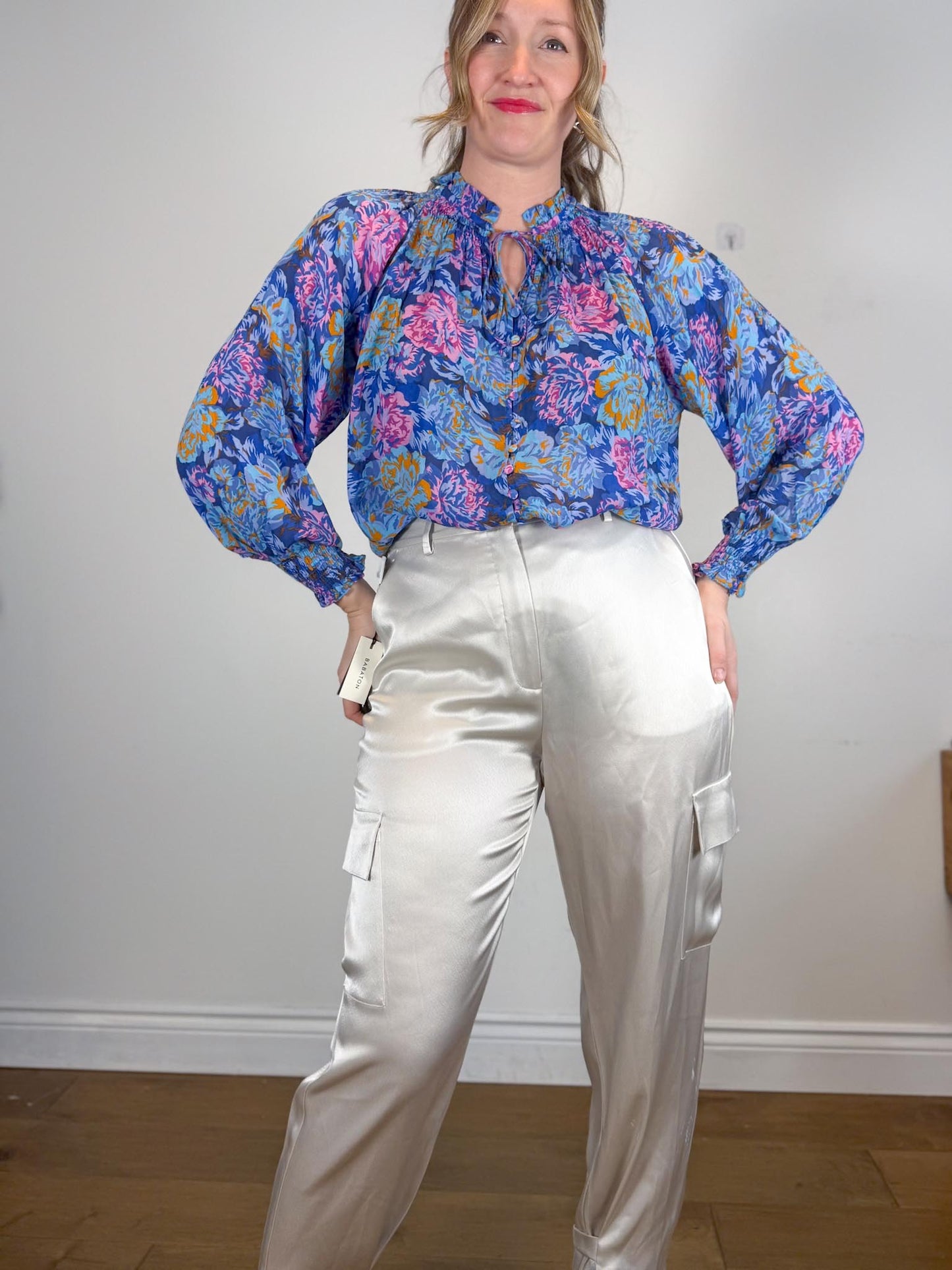 SUNCOO Paris "Linda Floral Printed Blouse in Blue" (Size S/M)