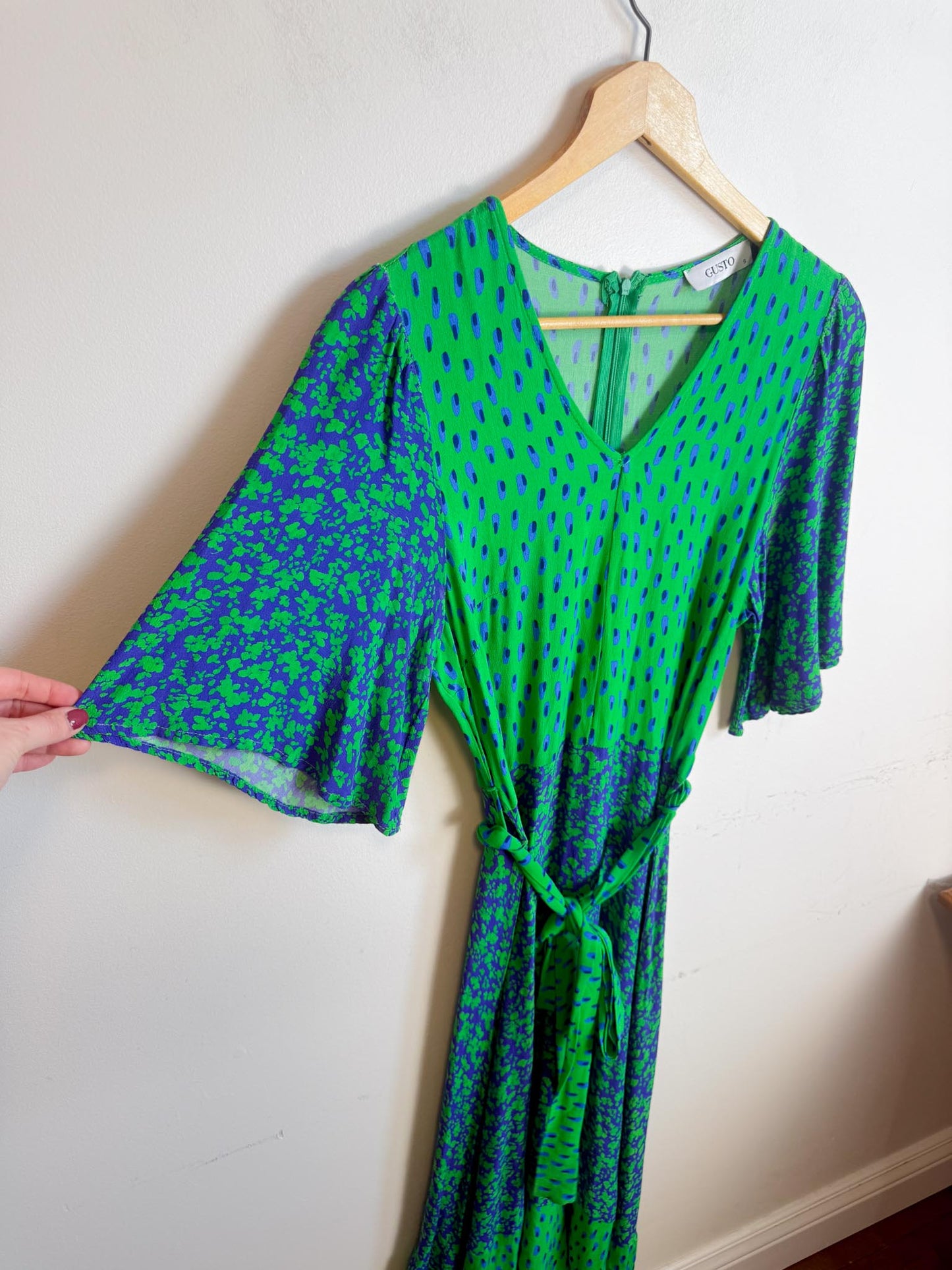 GUSTO Mixed Print Dress in Green/Blue (Size S/M)
