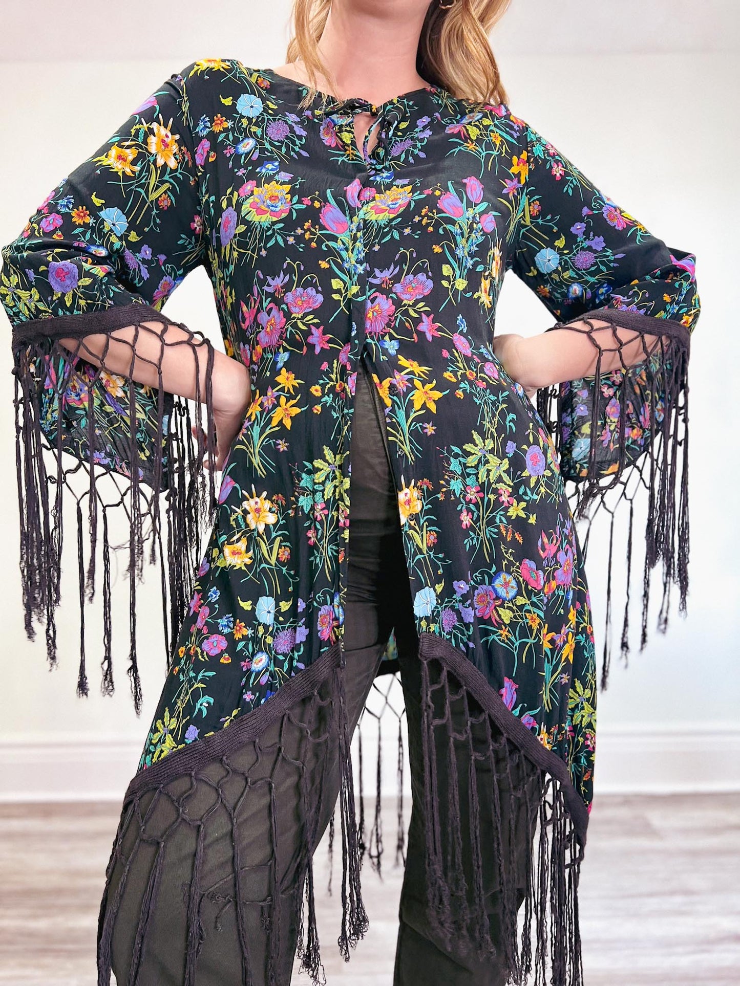 SPELL Slow Fashion Floral Wide Arm Blouse with Fringe (Size L/XL)