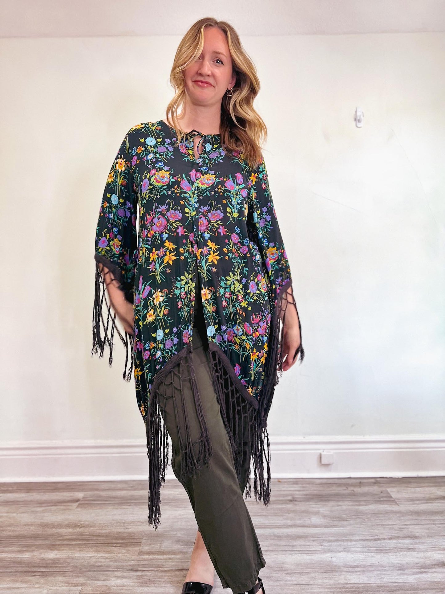 SPELL Slow Fashion Floral Wide Arm Blouse with Fringe (Size L/XL)