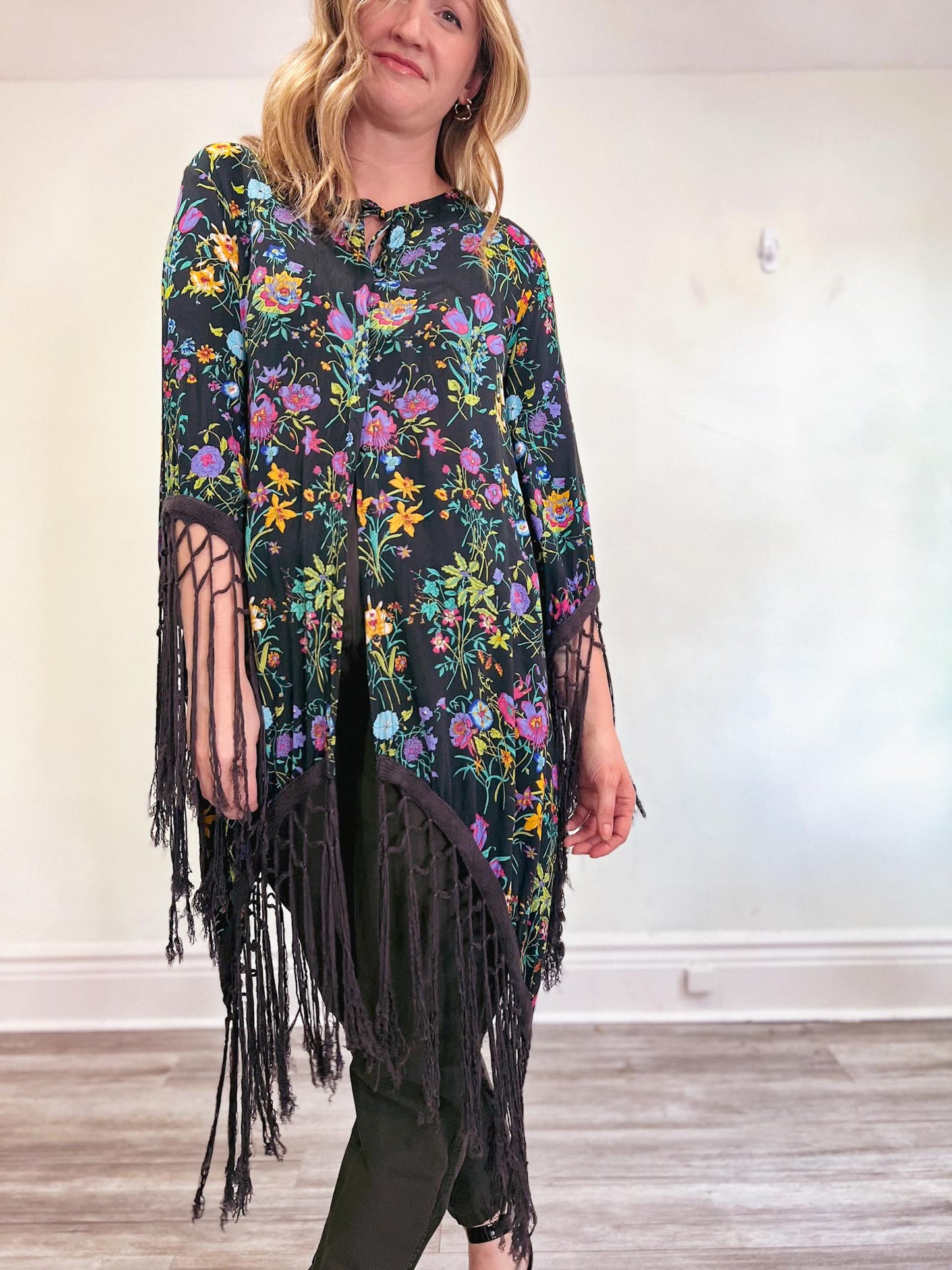 SPELL Slow Fashion Floral Wide Arm Blouse with Fringe (Size L/XL)