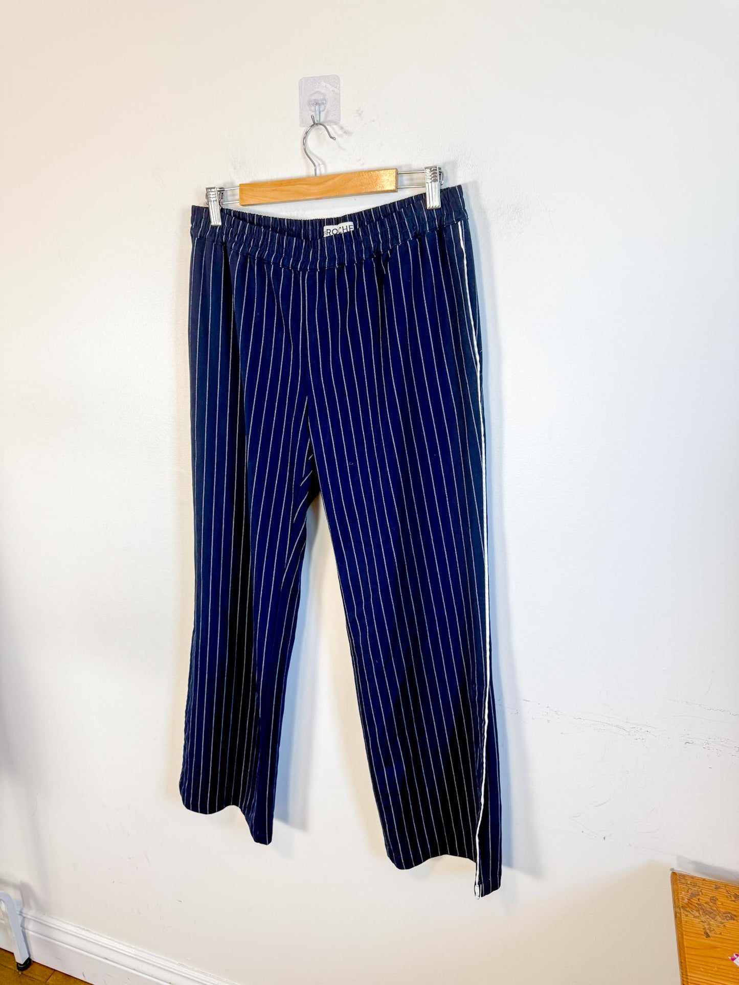 St. Roche Mid Rise Pinstriped Pants in Navy/White (Size L)