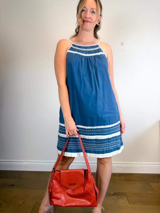 BCBGMAXAZRIA Blue Dress with White Embroidery (Size L)