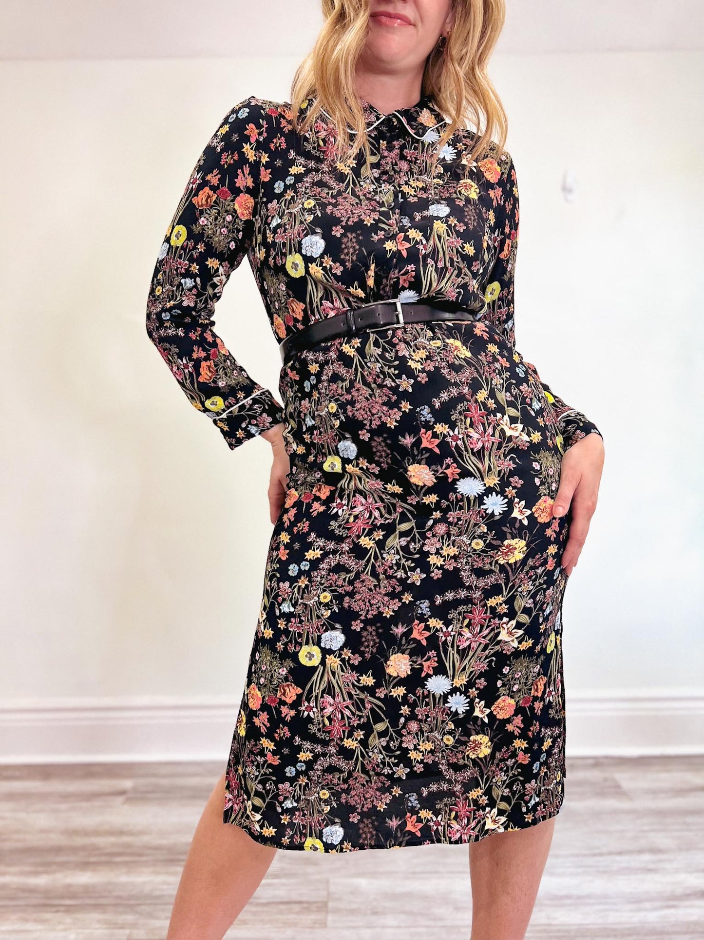 H.O.G Long Sleeve Floral Dress in Black (Size M)