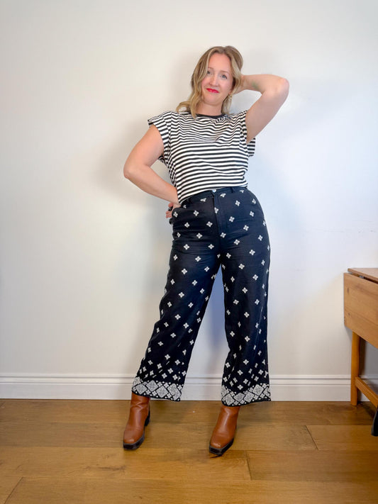 Rachel Zoe Embroidered Wide Leg Linen Pants in Black (Size 12)