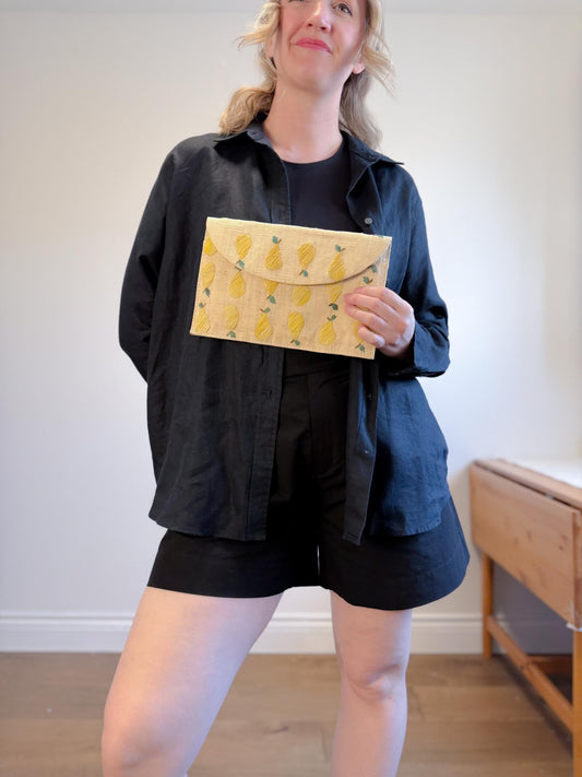 Kayu Embroidered Pear Straw Envelope Clutch