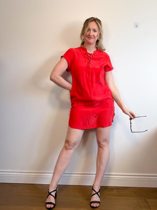 FRAME "Le Lace-Up Silk Shift Dress in Blood Orange" SOLD AS IS(Size M)