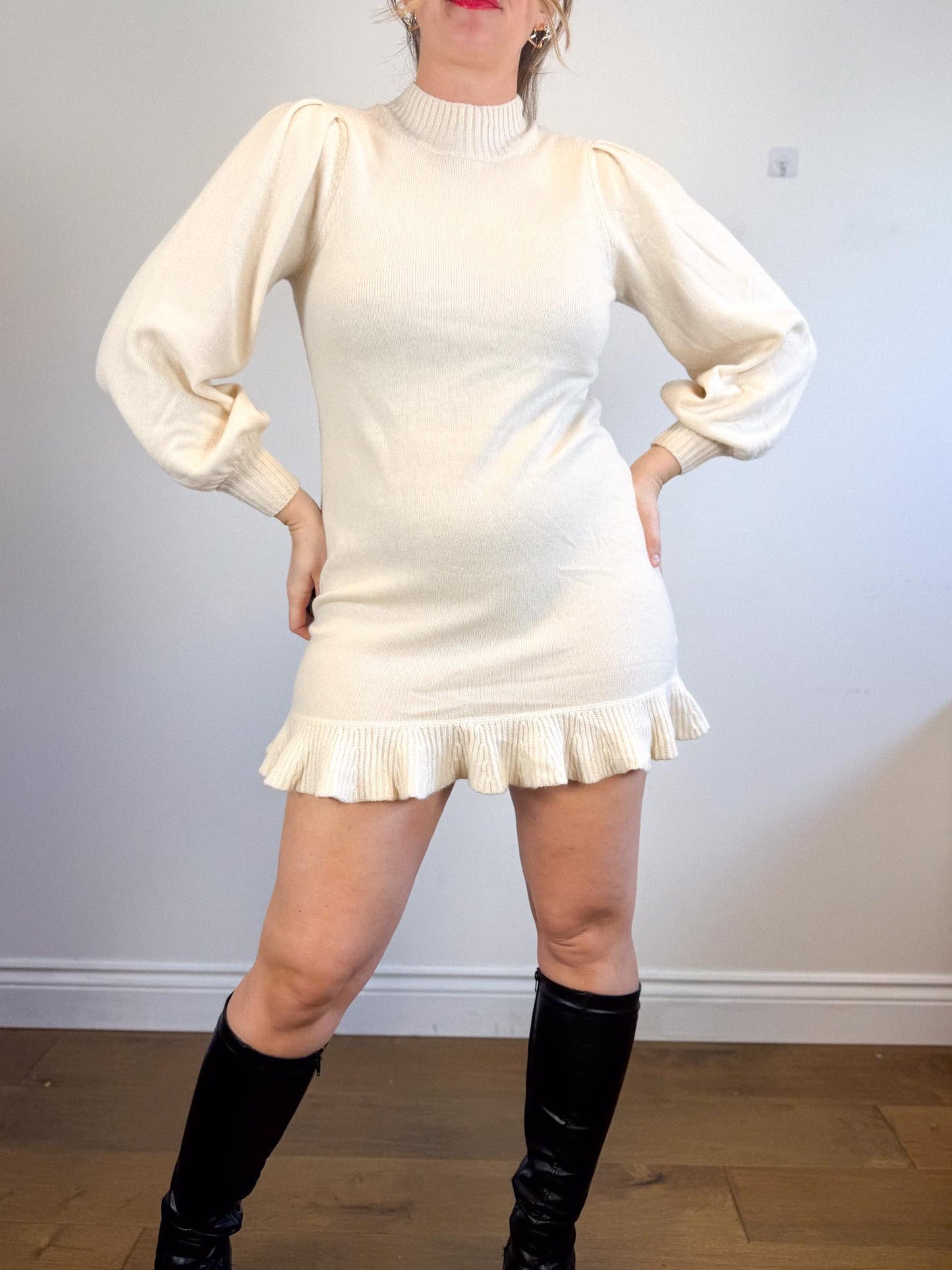 PAIGE "Julita Long-Sleeve Sweater Mini Dress in Cream" (Size XS/S)