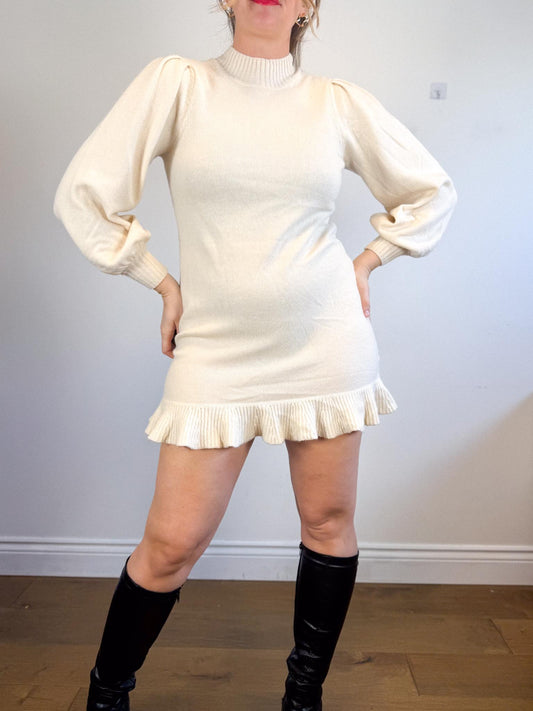 PAIGE "Julita Long-Sleeve Sweater Mini Dress in Cream" (Size XS/S)
