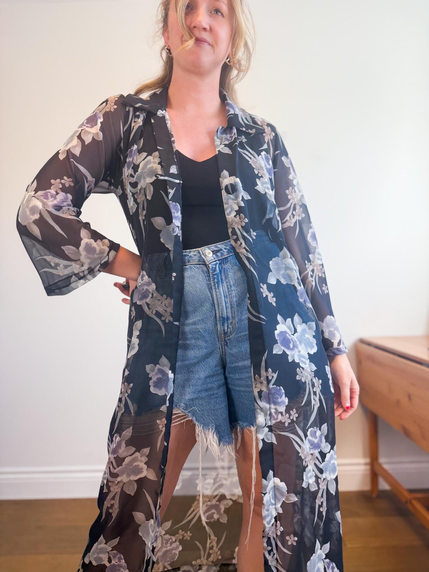 Vintage Sheer Floral Duster Jacket (Size L/XL)