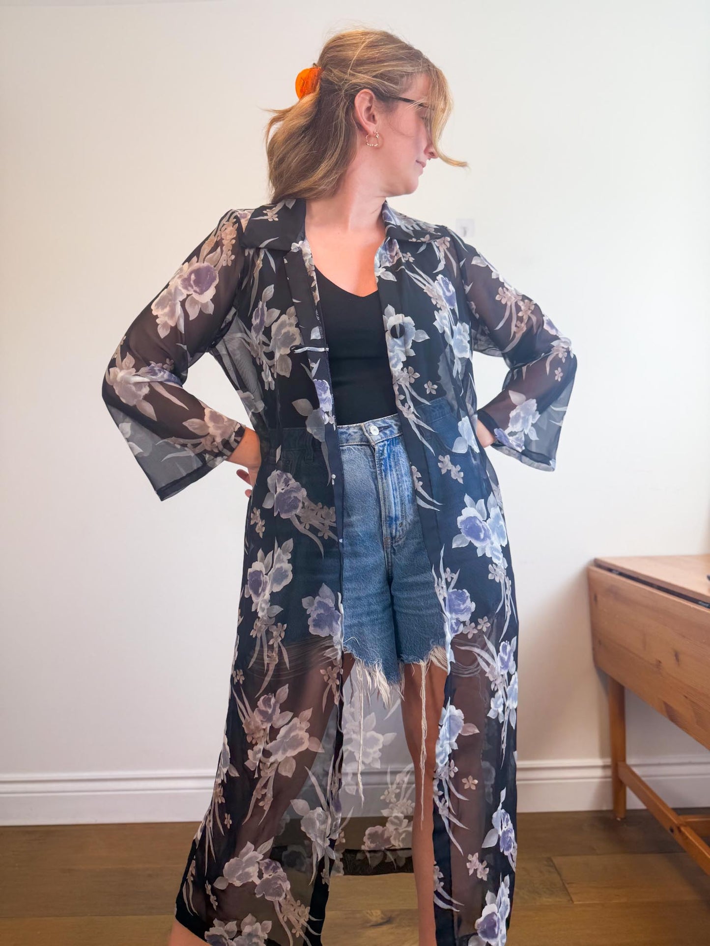 Vintage Sheer Floral Duster Jacket (Size L/XL)