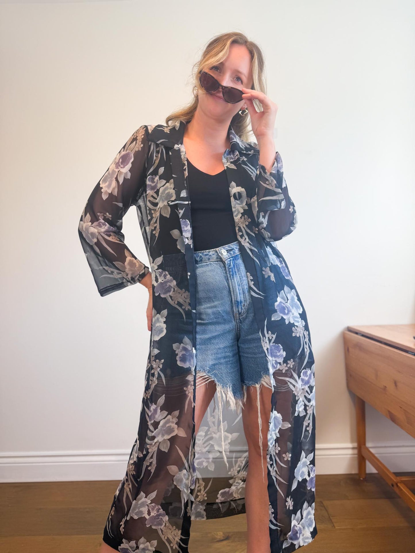 Vintage Sheer Floral Duster Jacket (Size L/XL)