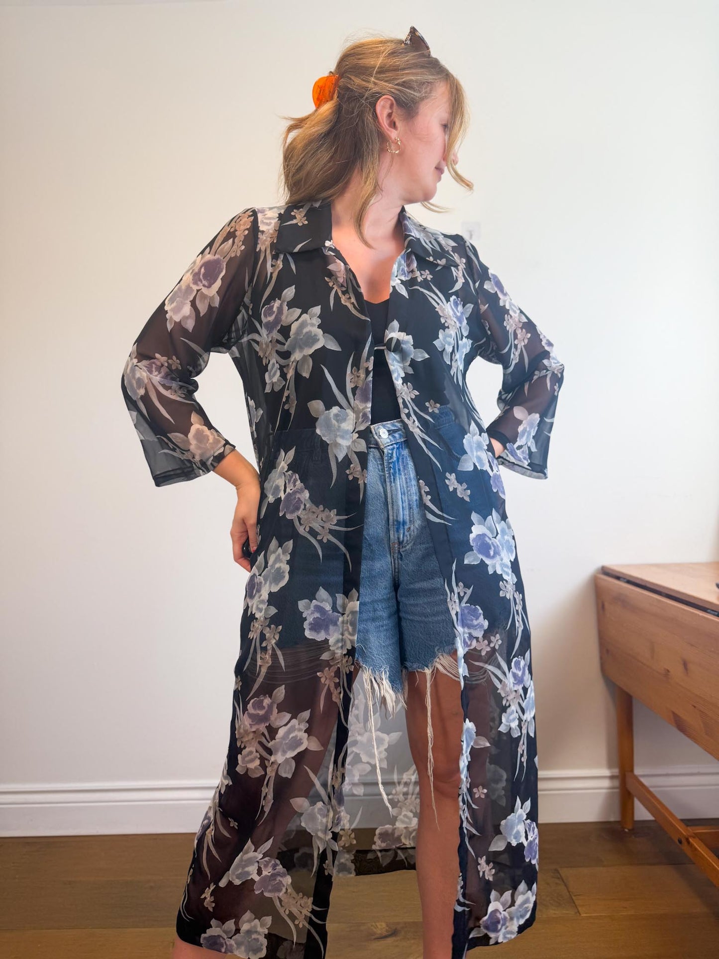 Vintage Sheer Floral Duster Jacket (Size L/XL)