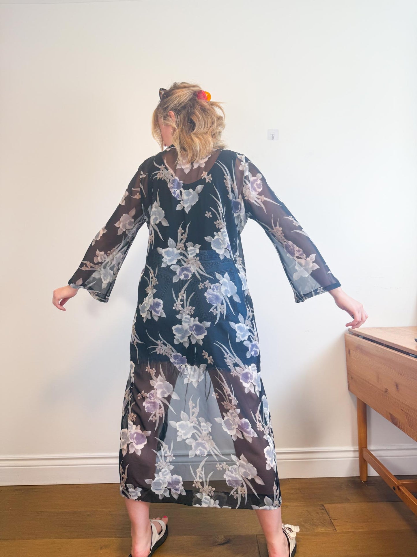 Vintage Sheer Floral Duster Jacket (Size L/XL)