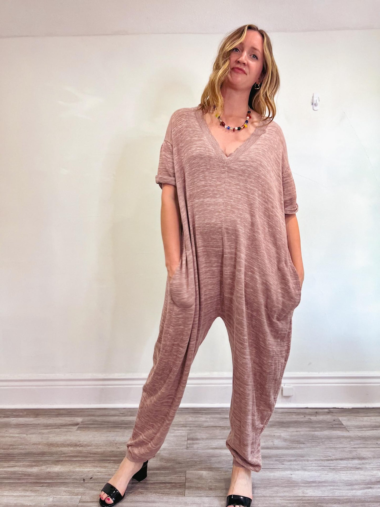 Free People Oversized Knit Jumpsuit in Dusty Rose (Size S-L)