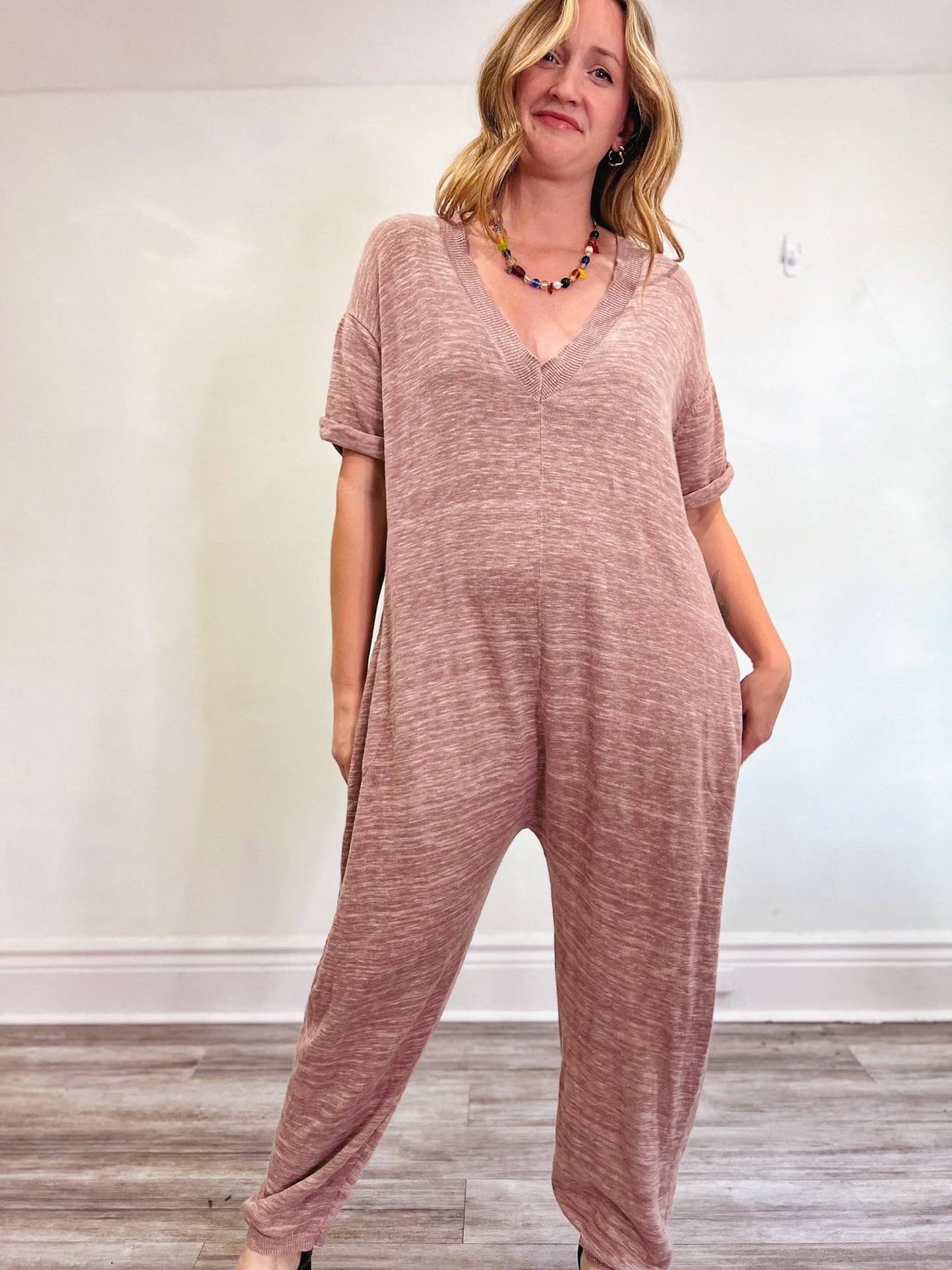 Free People Oversized Knit Jumpsuit in Dusty Rose (Size S-L)