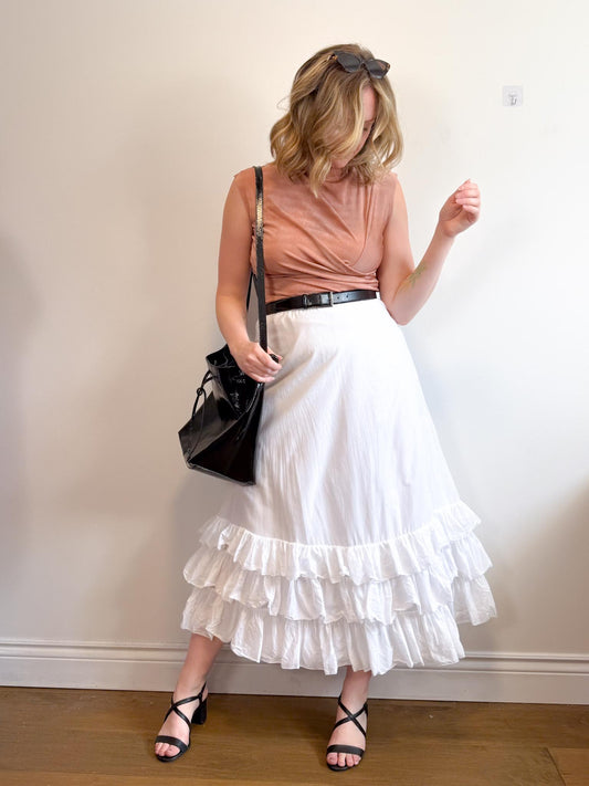 Ralph Lauren White Midi Skirt with Tiered Ruffle (Size M/L)