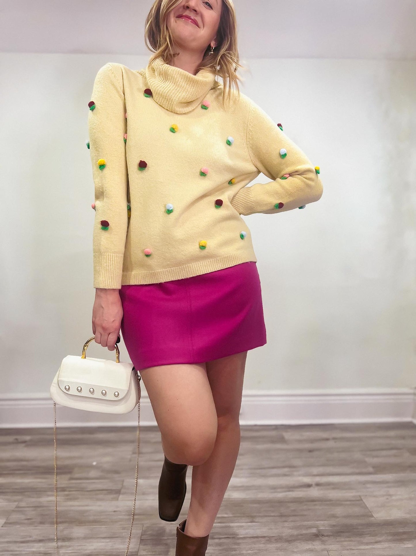 PEPA LOVES "Pepaloves Floral Patch Pom Pom Sweater in Sand" (Size S/M)