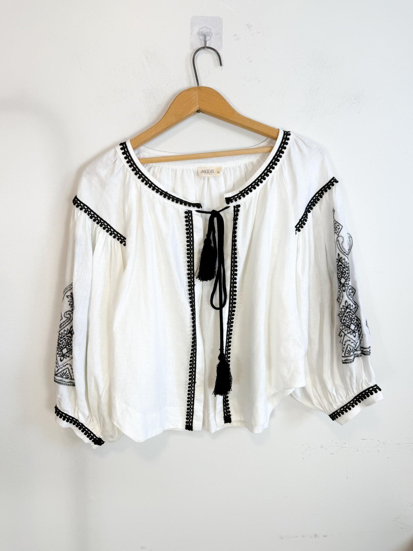 AGGEL Linen Embroidered Front Tie Blouse (Size M/L)