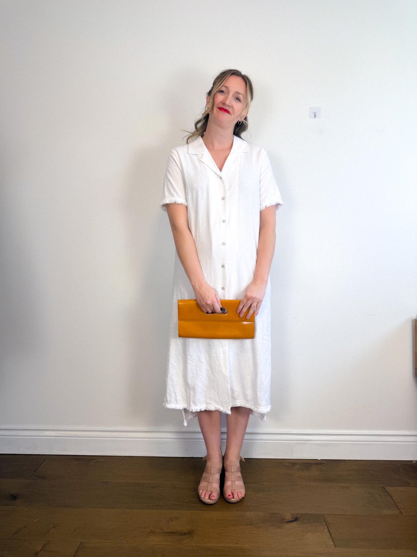 Halston Linen Shirt Dress in White with Distressed Hem (Size L/XL)